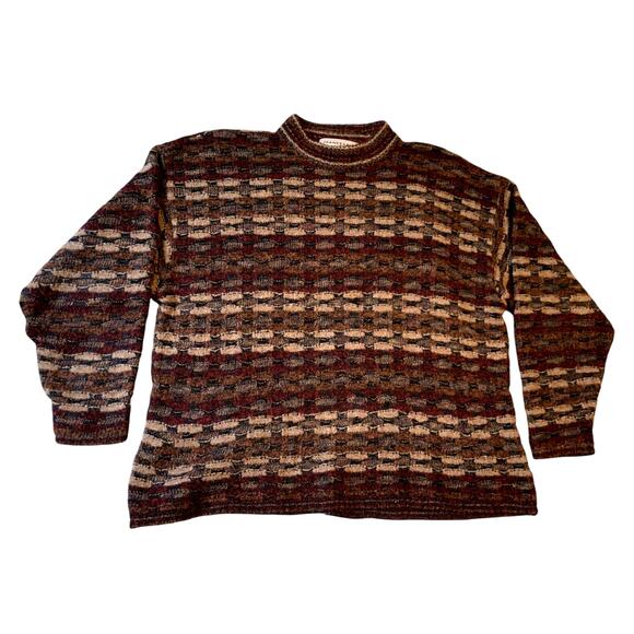 Jhane Barnes Men Sweater Large Wool Brown Geometric Wave Relaxed Fit  Vintage - Picture 1 of 9